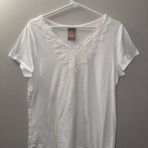 White Short-Sleeve Tee with Lace V-Neckline Detail